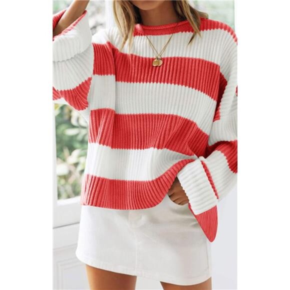 Women's  Fall Long Sleeve Crew Neck Sweater – Striped Color Block - Picture 2 of 7